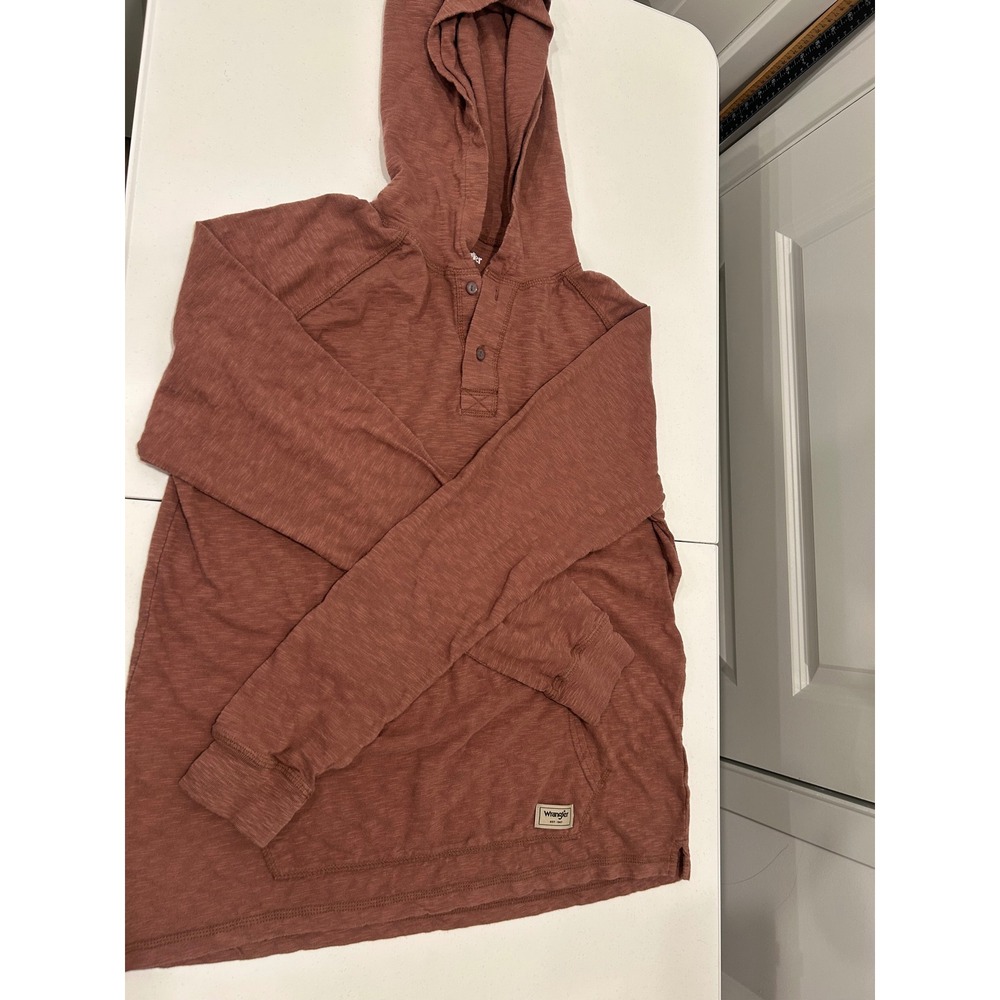 Wrangler Henley Hoodie Mens Size M Brown Slub Knit Raglan Sleeve Kangaroo Pocket